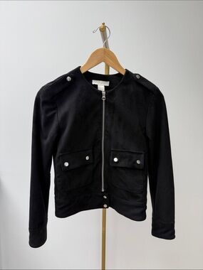 H&M Black Zip Front Suede Jacket with Snap Flap Pockets Size 2